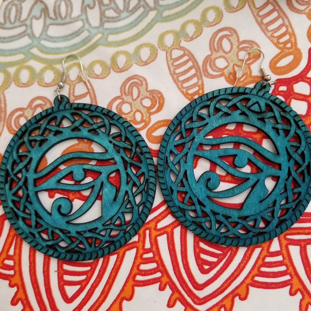 Boho Eye of Ra Teal Large Round Laser Cut Dangle